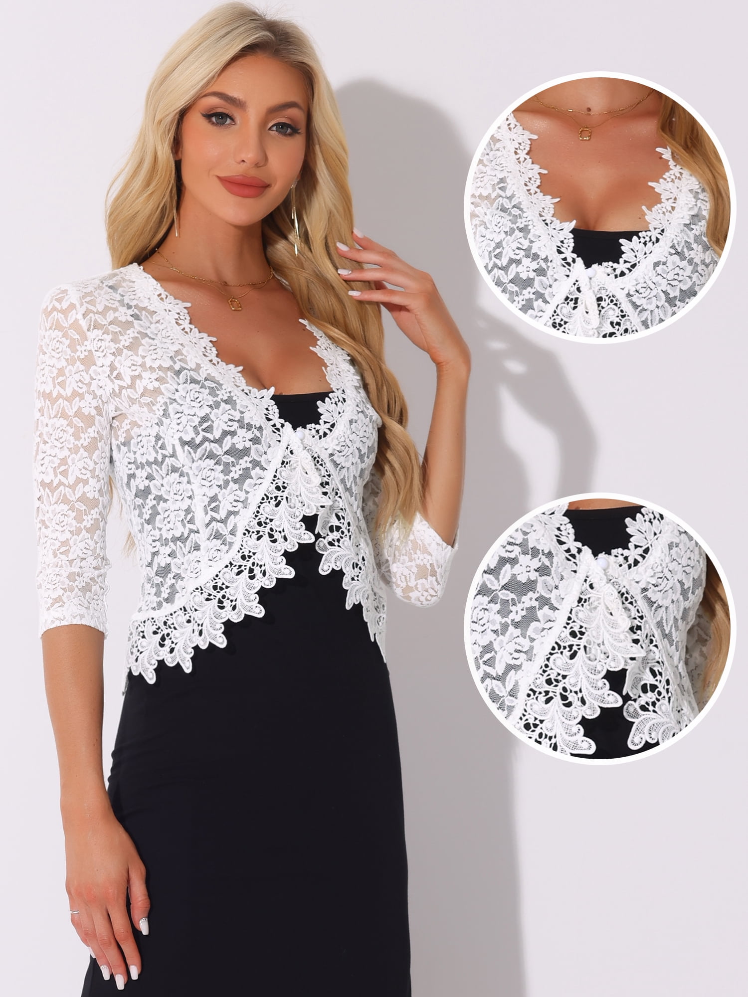 DARING DIVA Women's Floral Lace Shrugs Evening 3/4 Sleeves Formal Bolero Cardigan L White