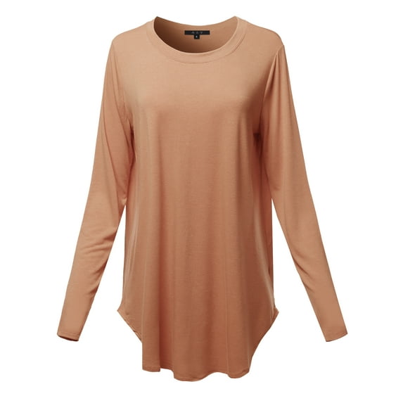 A2Y Women's Premium Solid Long Sleeve Round Hem Crew Neck Top Shirt Camel M