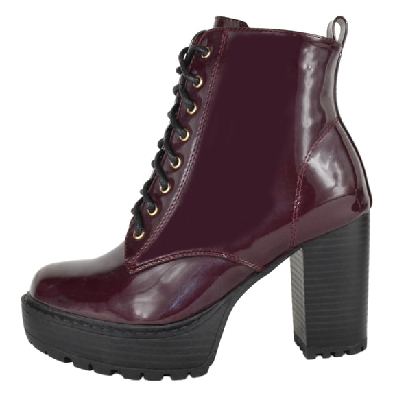 Top Moda Women High Heel Combat Army Style Boots Lace Up Side Zipper Lug Platform Sole Booties Red Burgundy Wine Patent 6.5