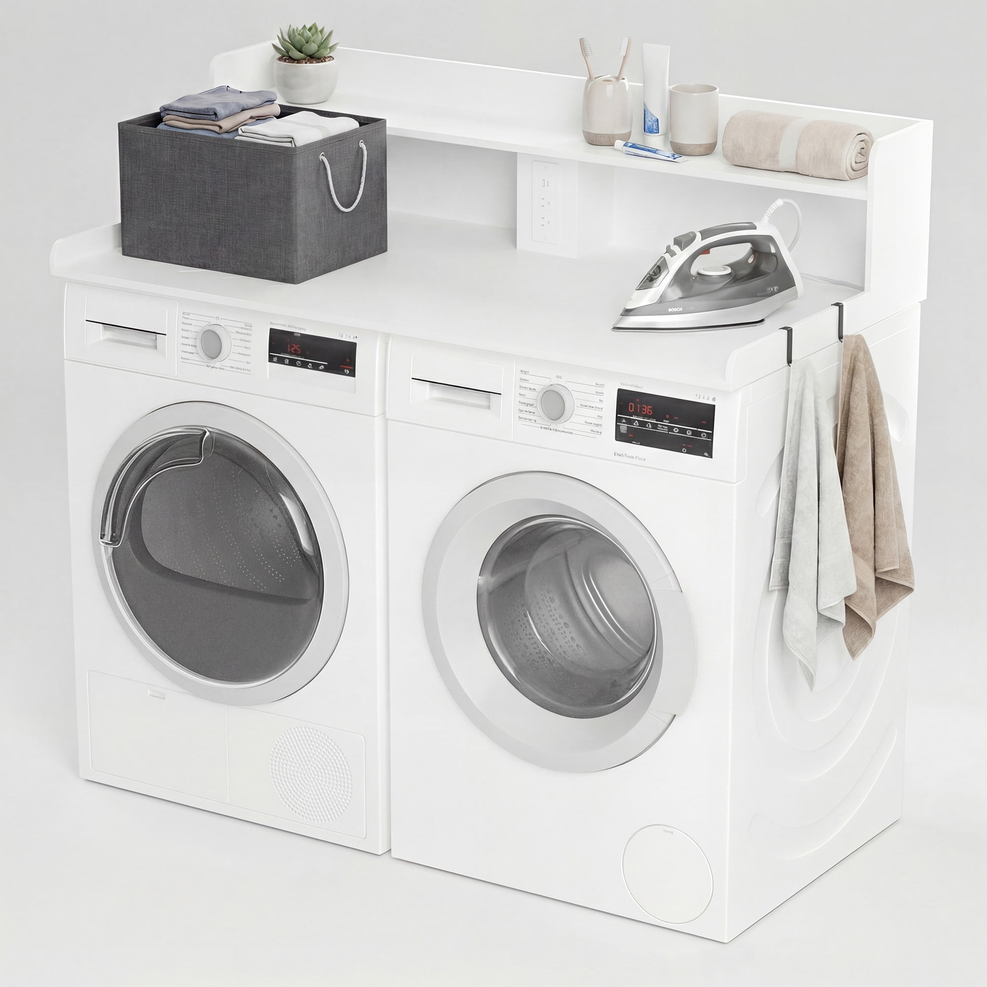 YDN 2-Tier Large Laundry Countertop with Power Outlet & LED Lights, 54" Washer Dryer Countertop for Laundry Room Organization,Washer and Dryer Topper W/ Storage Basket,Metal Hooks,Non-Slip Pad,White