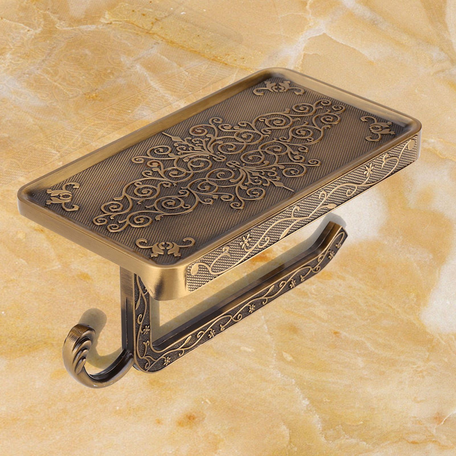 Suodoka Antique Brass Toilet Paper Holder & Phone Shelf – Wall‑Mounted, Vintage Finish, Scratch‑Resistant, Elegant Design with Complete Mounting Kit