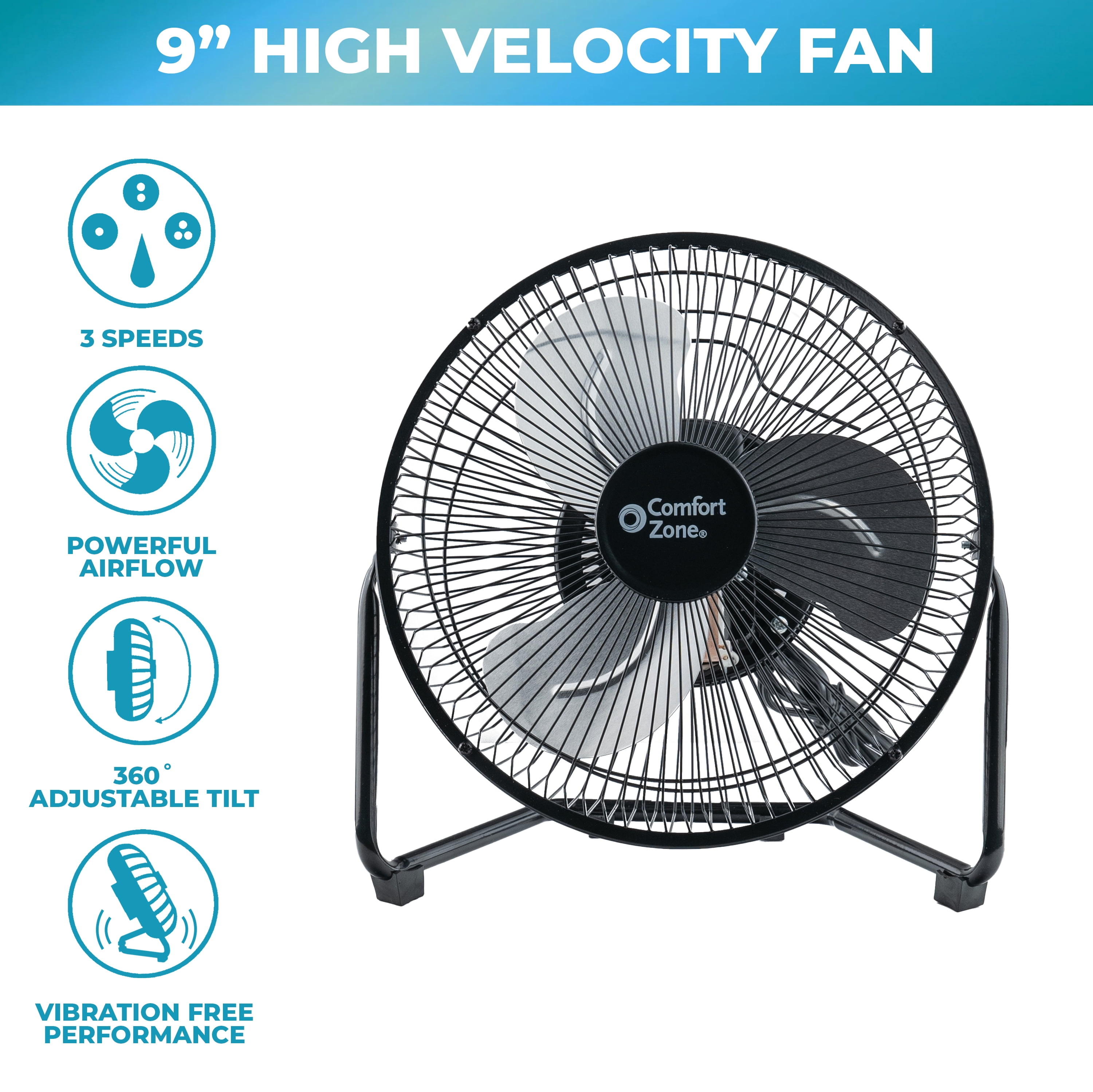 Comfort Zone 9" Cradle Floor Fan, 3 Speed, Electric, 180 Degree Adjustable Tilt, All Metal, Carry Handle, Rubber Feet, Table Fan, Airflow 12.57 ft/sec, Ideal for Home, Bedroom & Office, CZHV9B