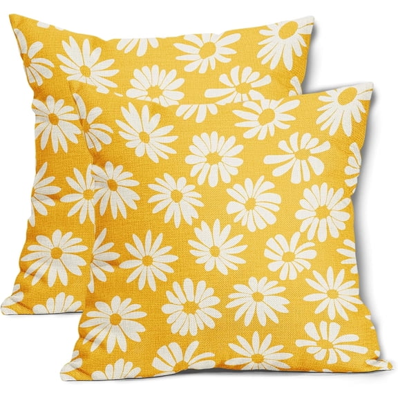 Yellow Pillow Covers 18X18 Inch White Floral Daisy Geometry Decorative Couch Pillow Cases Spring Summer Flower Throw Pillows Set of 2 Farmhouse Home Decor for Room Porch Patio Couch Outdoor