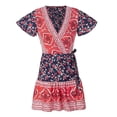 thumbnail image 4 of Fiomva Flower Print V-neck Clubwear Casual Summer Short Sleeve Beach Mini Bodycon Women Dress, 4 of 5