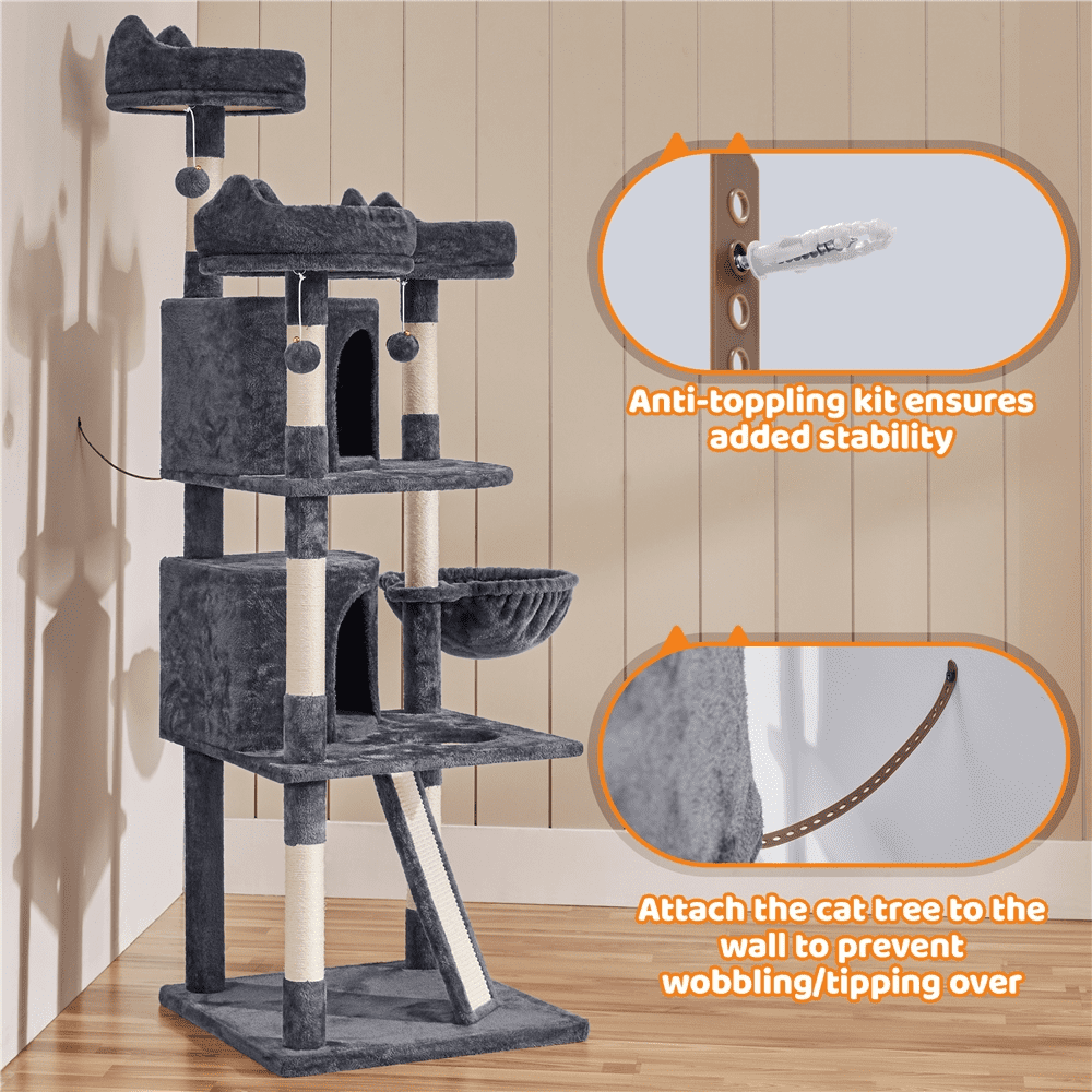 Alden Design 68.5"H Large Multilevel Cat Tree Tower with Condos and Perches, Dark Gray