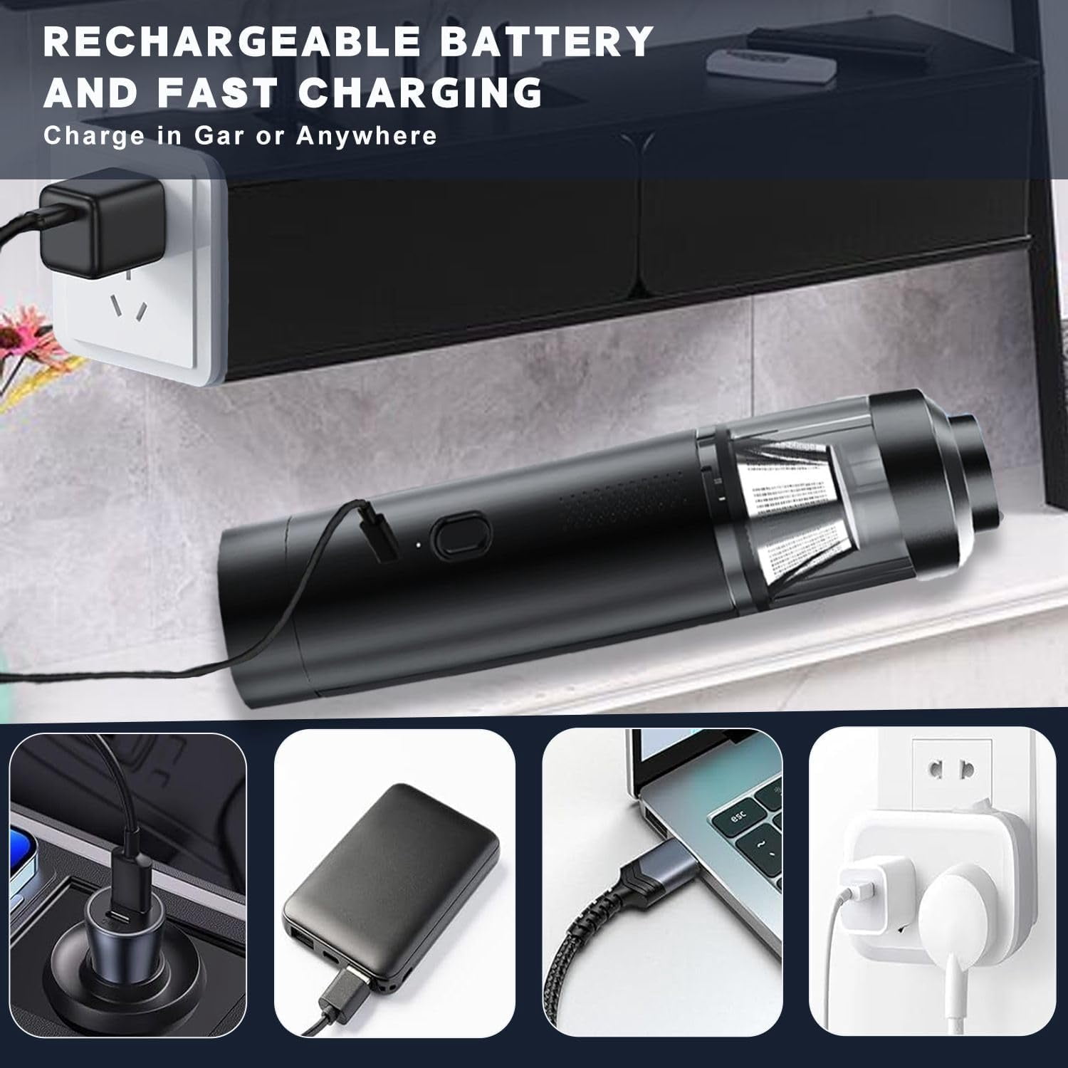 Car Vacuum Cleaner, 15000Pa Brushless Car Vacuum Cordless, 2 Speeds, Type-C Fast Charging, 400ml Dust Cup, Low Noise Handheld Vacuum for Car Home Pet Office