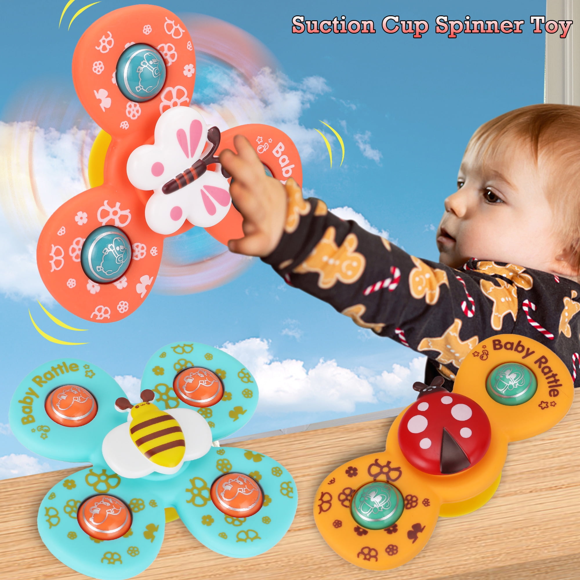 LELINTA 3 PCS Interesting Suction Toys, Suction Cup Spinning Toy for Boys and Girls 12-24 months - Learner Spinning Top Toys can be Sucking Glass, Walls, Seats, Bathtubs