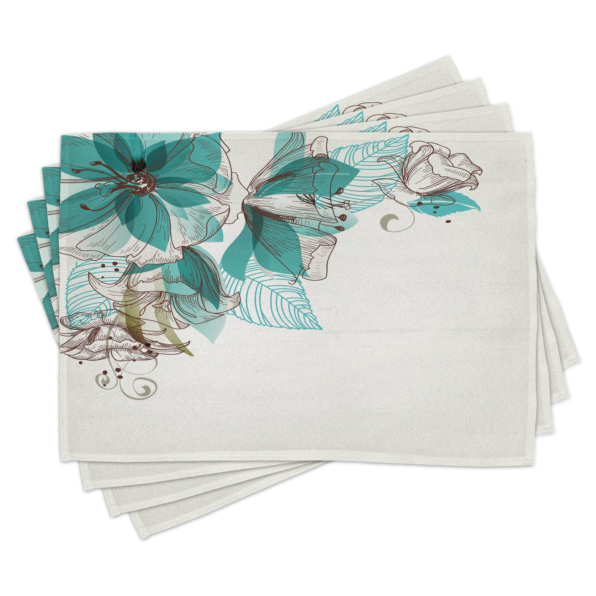 Turquoise Place Mats Set of 4, Flowers Buds Leaf at the top Left Corner