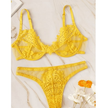 Sprifallbaby Women s Lace Bra Underwear Lingerie + High Waist T-String Panties Casual Solid Color 2Pcs Set