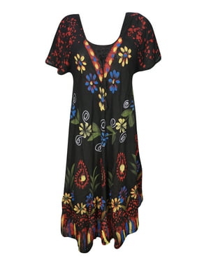 Mogul Women's Floral Cover Up Caftan Cap Sleeves Flared Dresses M
