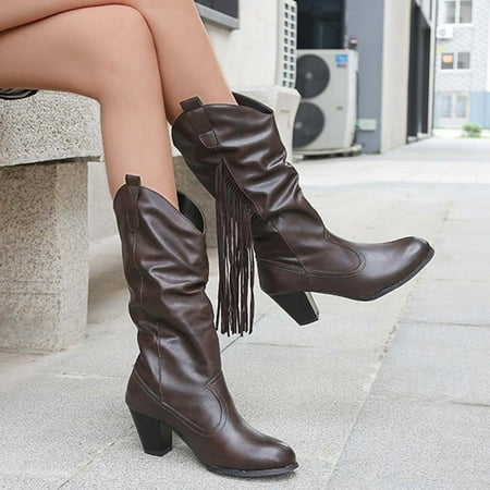 

Juebong Valentine s Day Deals Autumn Winter Cowgirl Cowboy Boots For Women Tassel Thick Heel High-Heel Pointed Toe Overshoes Western Boots