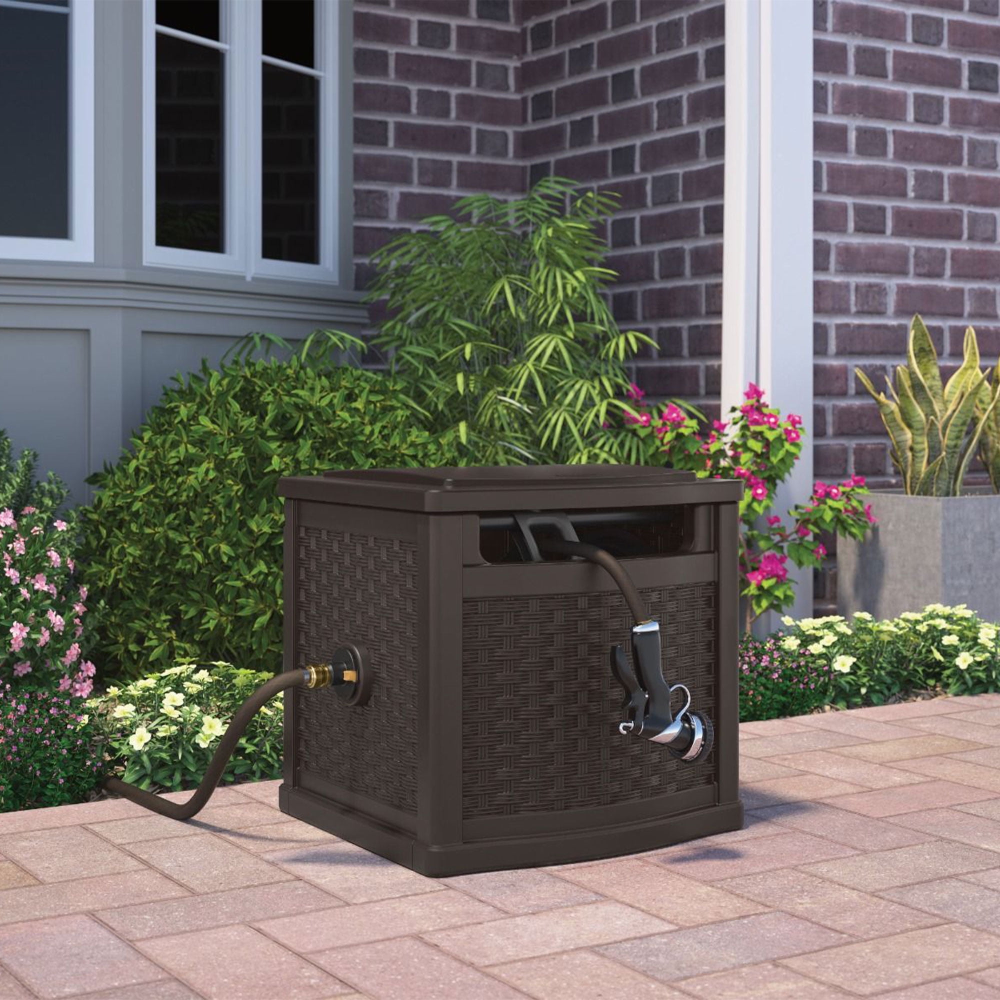 Suncast 150 Foot Slide Trak Outdoor Garden Water Hose Hideaway, Java