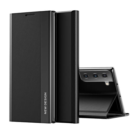 Dteck Case For Samsung Galaxy S21 6.2-inch,Luxury Leather Flip Hybrid Hard PC Back Cover for Galaxy S21 5G Shockproof Kickstand Case,Black