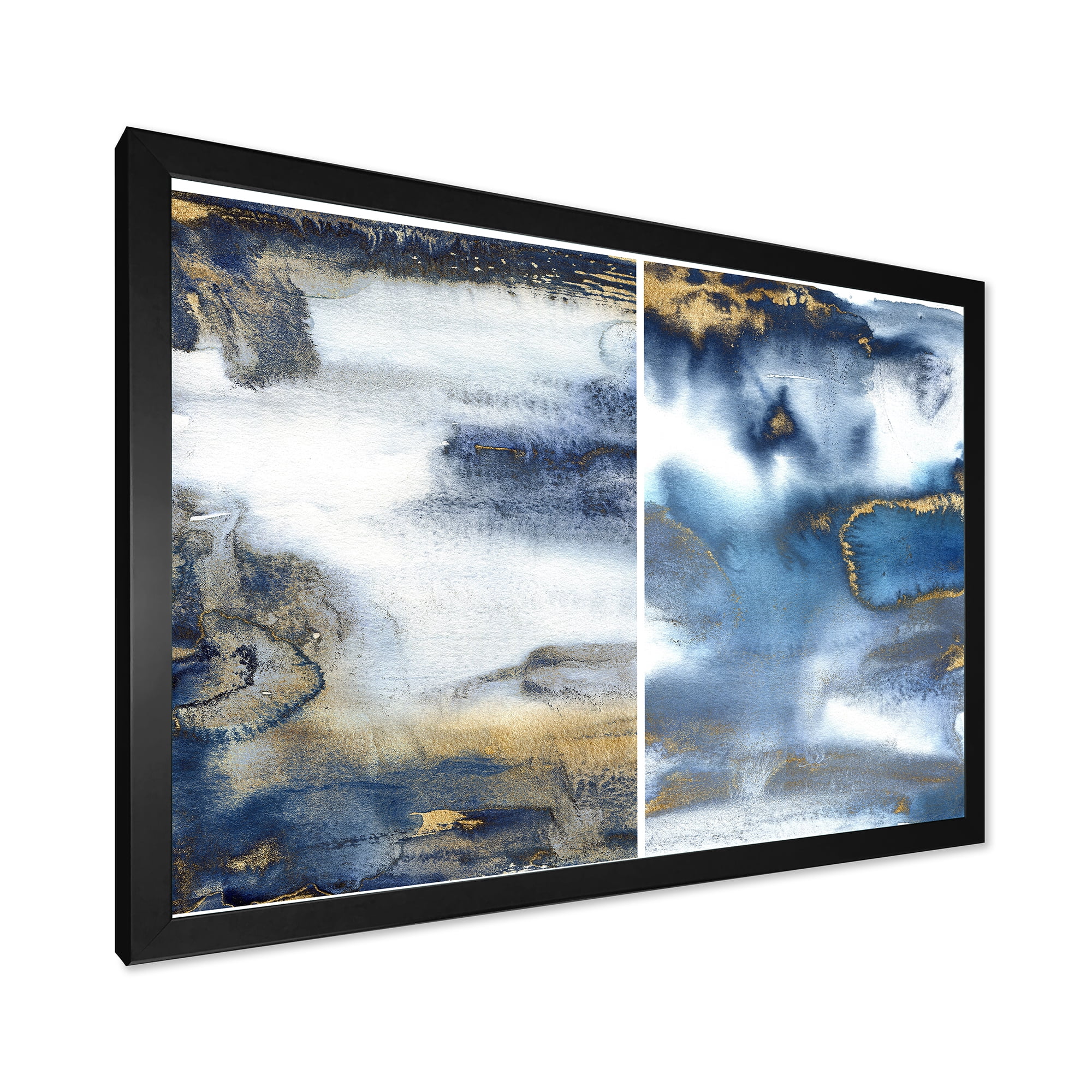Designart 'Gold and Dark Blue Abstract Waves I' Modern Framed Art Print