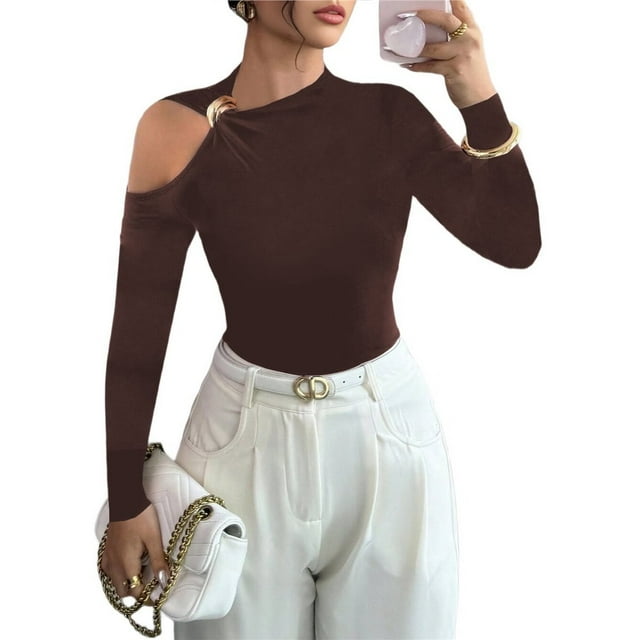 Camiseta Elegante Asimétrica con Cuello Alto, Hombros Descubiertos y Decoración Metálica para Mujer, Camisas Fruncidas de Larga Caqui XXL