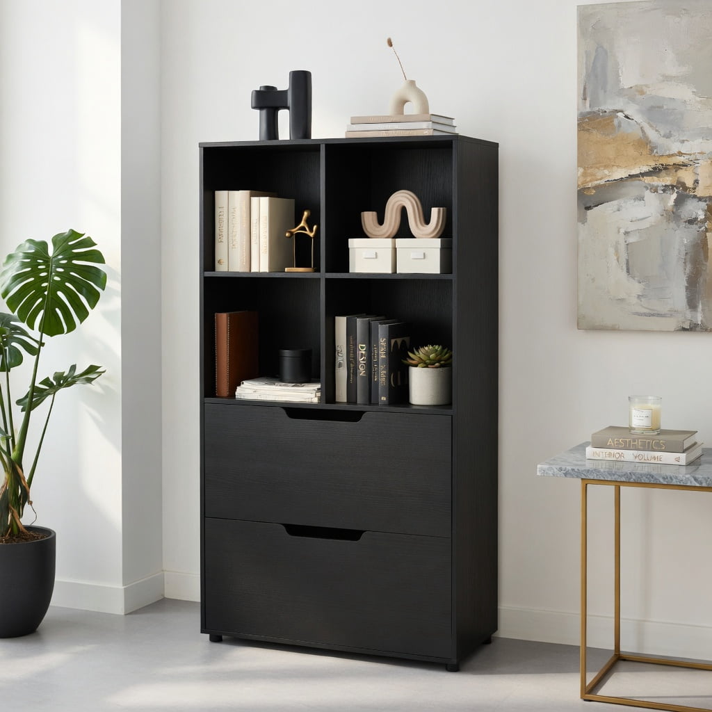 GVN 4-Cube Bookcase Storage Shelves with 2 Drawers, 51Inch 5-Tier Freestanding Bookshelf Stand for Living Room, Bedroom, Office Room, Study Room, Black