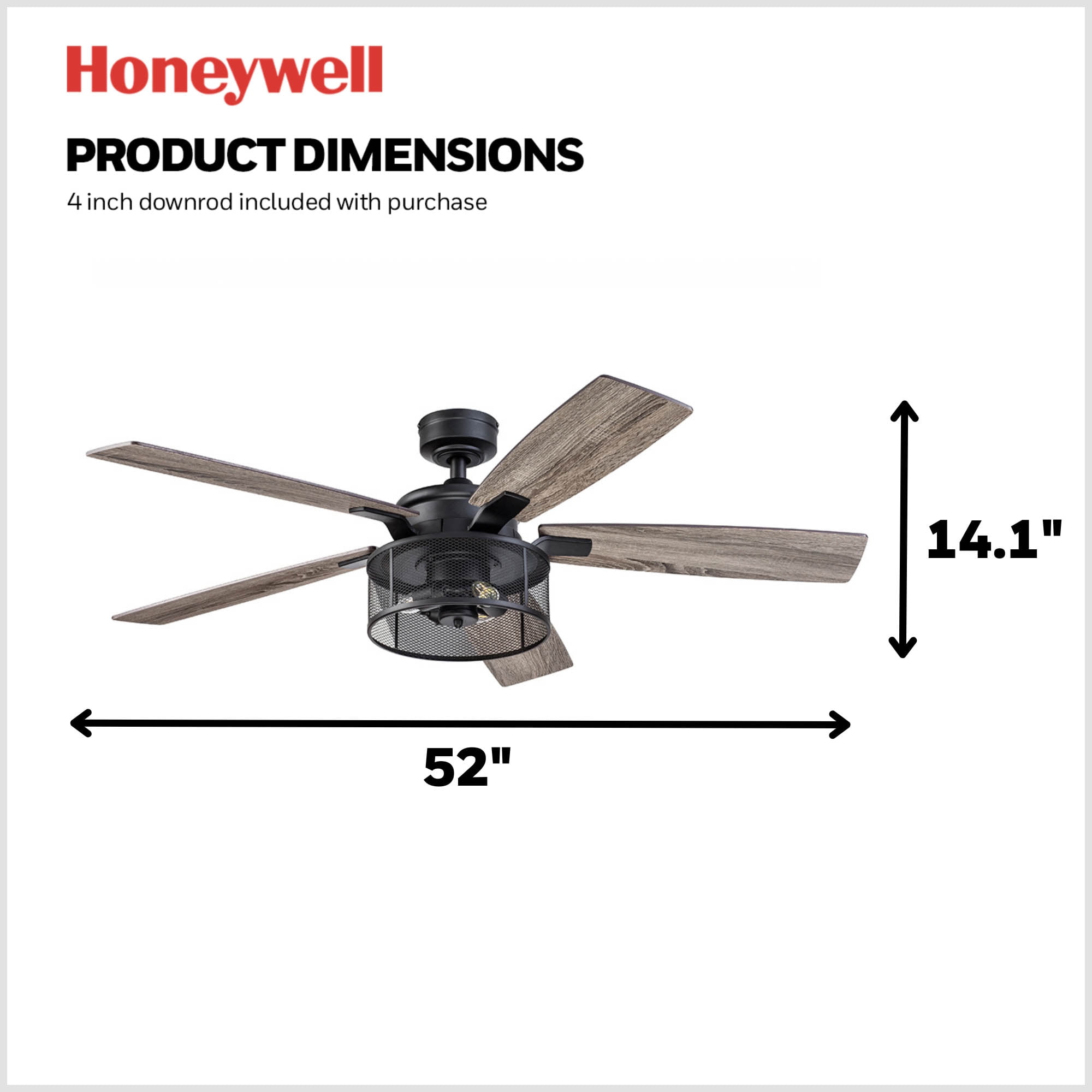Honeywell Carnegie 52" Matte Black Ceiling Fan with Lights and Remote Control