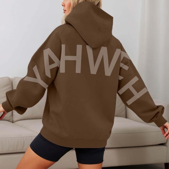 Tawop Women Printed Long Sleeve Loose Pocket Fall and Winter Pullover Hooded Sweatshirt Brown