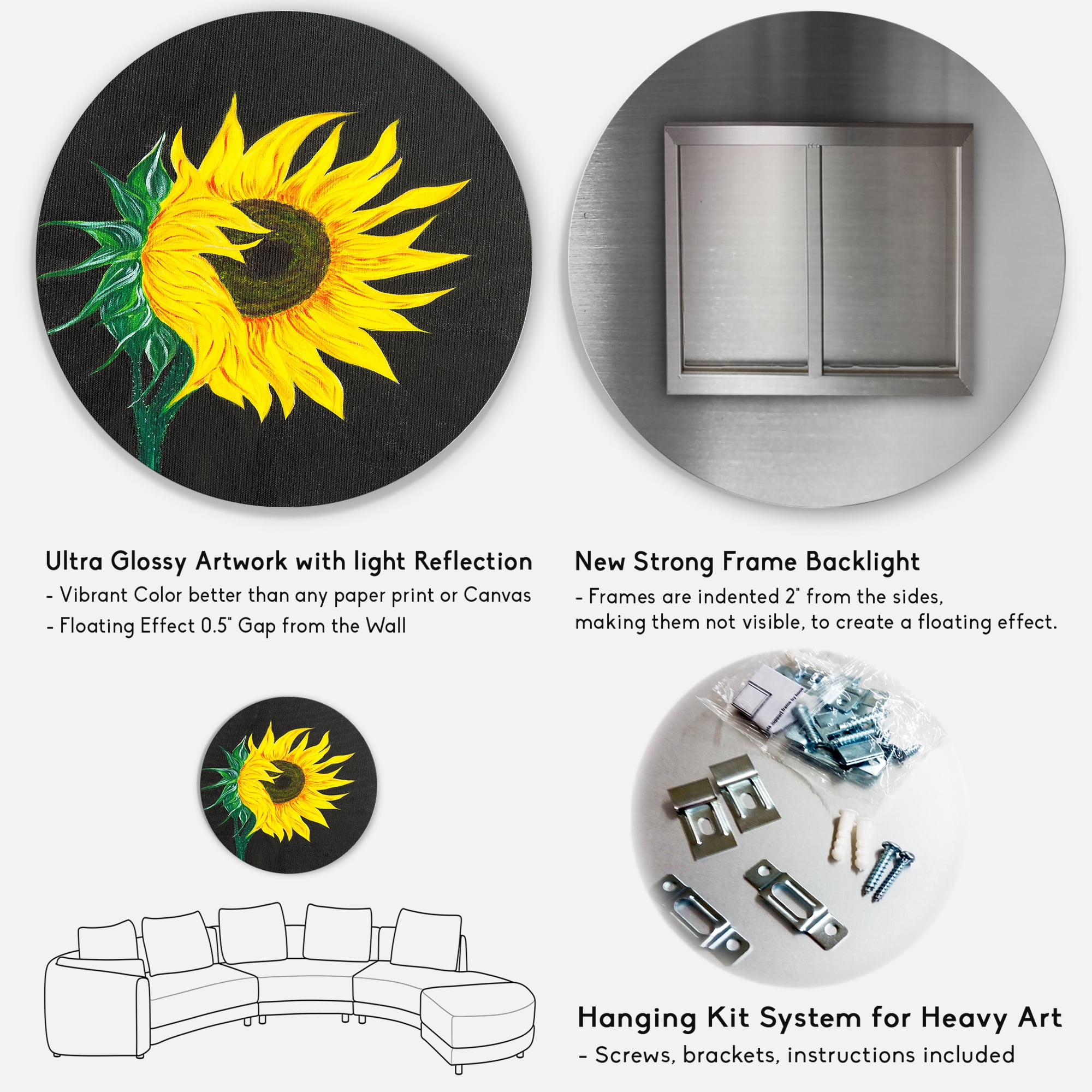 Designart 'Yellow Sunflower On Black' Traditional Circle Metal Wall Art 11x11 - Disc of 11
