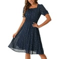 thumbnail image 1 of Vestido Midi A-Line de Cuello Cuadrado INSPIRE CHIC para Mujeres con Estrellas Metálicas y Mangas Cortas, Talla XS, Azul Oscuro, 1 of 6