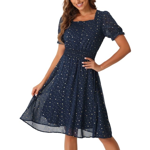 Vestido Midi A-Line de Cuello Cuadrado INSPIRE CHIC para Mujeres con Estrellas Metálicas y Mangas Cortas, Talla XS, Azul Oscuro