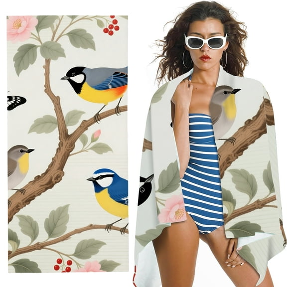 RKSupls Oversized Microfiber Beach Towel - Colorful Birds Pattern Print, Machine Washable for Bathroom, beach, Soft Super Absorbent- 30x60 in