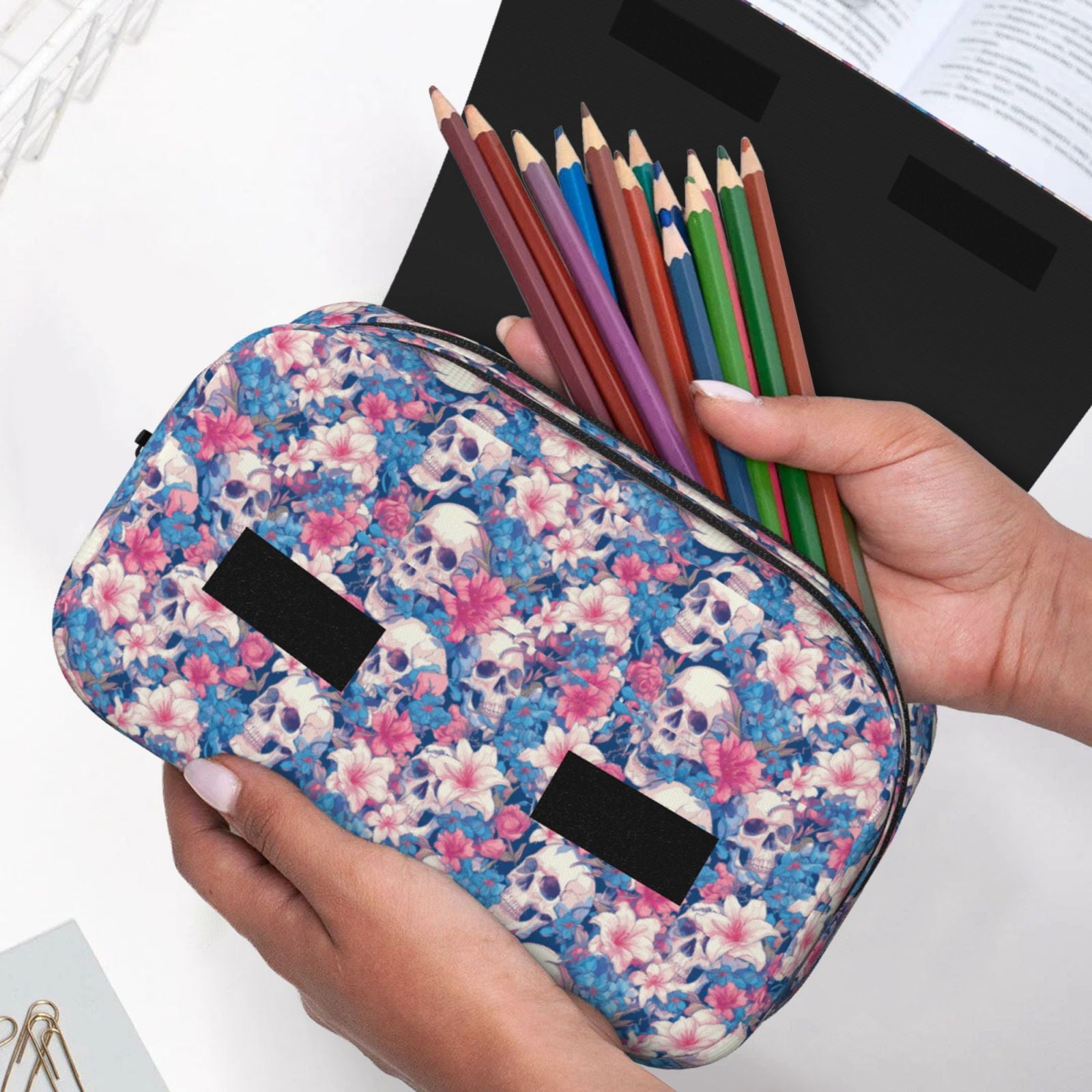 Rateoe Skull Pattern Double Clamshell Pen Case, Storage Organizer with Two Zipper Compartments– Holds Up to 50 Pencils & Pens
