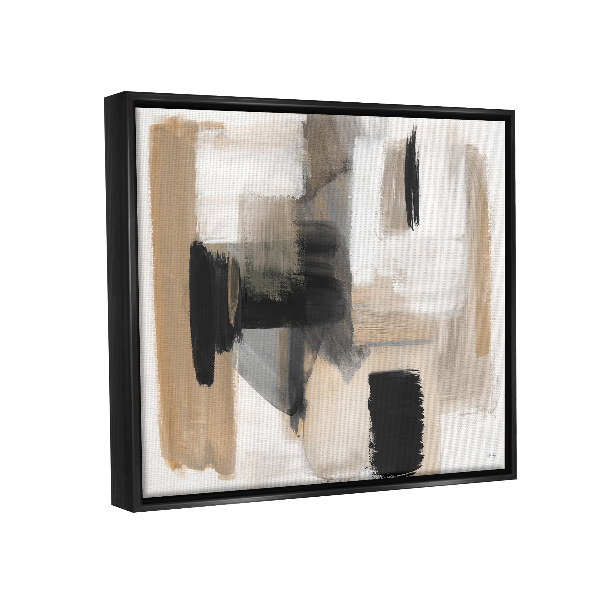 Stupell Industries Tan & Black Collage Abstract Painting Black Floater Framed Canvas Art Print Wall Art, 31 x 25