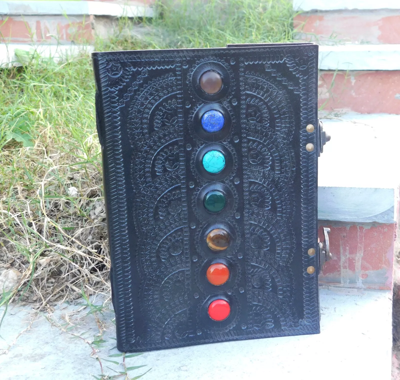 Handcrafted Embossed Vintage Design Leather Bound Journal Diary Pentagram 5 Stone Grimoire Spell Blank Notebook For Men & Women