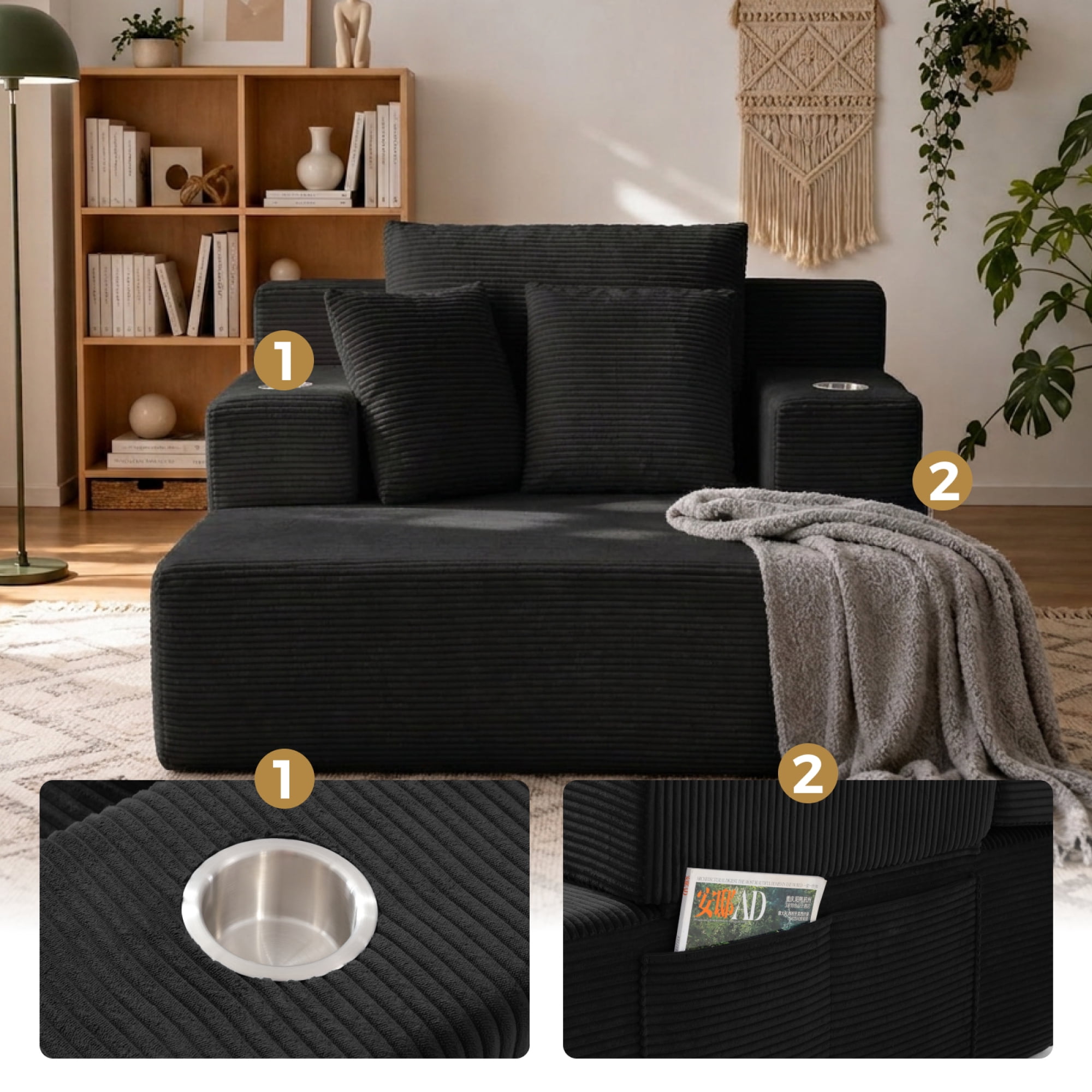 Leumius 70.8'' Oversized Chaise Lounge Chair Indoor,Plush Corduroy Upholstered Cloud Sofa Bed for Living Room,No Assembly Required,Black