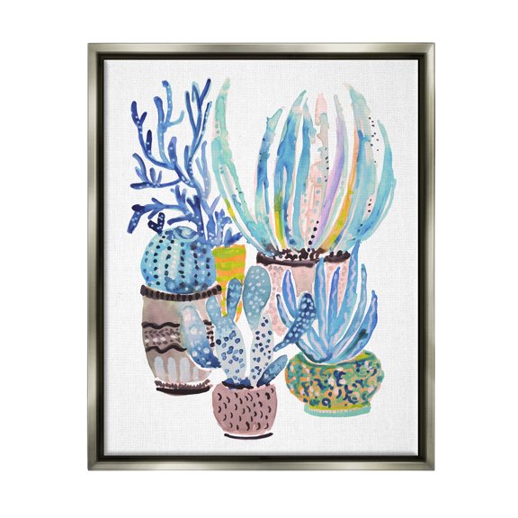Stupell Patterned Blue Cactus Plants Botanical & Floral Painting Gray Floater Framed Art Print Wall Art