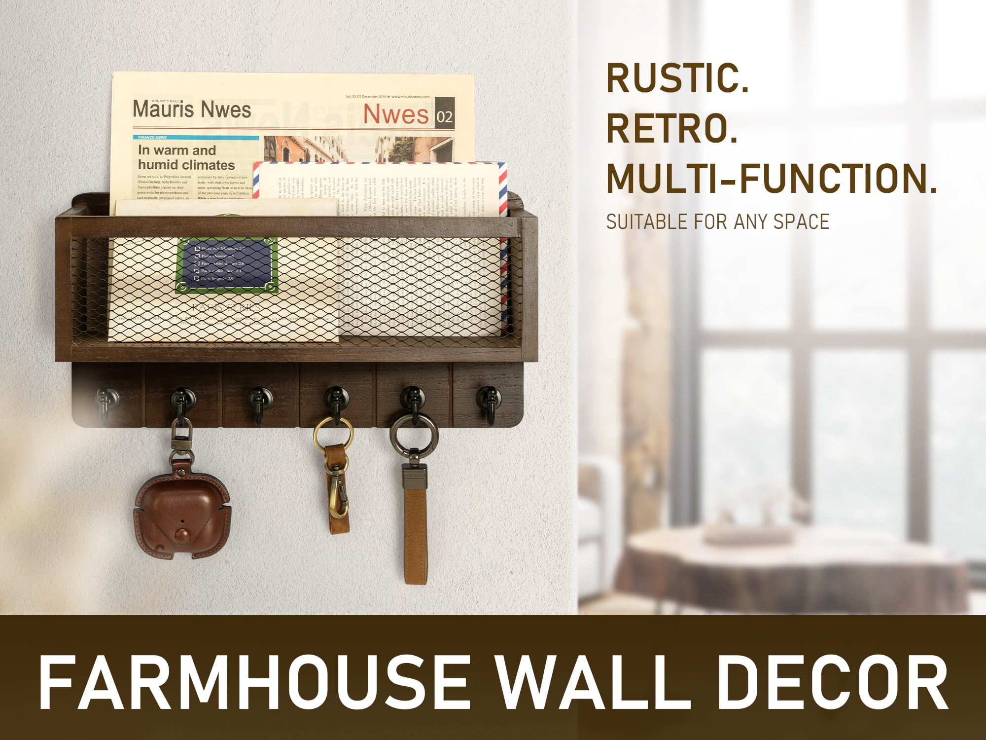 Rebee Vision Farmhouse Key Holder Wall Mount with Mail Basket – 6 Sturdy Hooks, Rustic Wooden Organizer for Home Decor ( Brown)