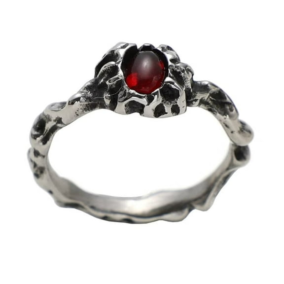PAMTIER Men's Stainless Steel Personality Vintage Punk Thin Stackable Demon Skeleton Oval Cut Red Gemstone Biker Ring Gothic Rock Silver Size 6