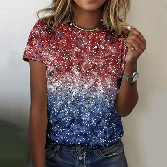 Cavosen Patriotic Clothes for Women Petite Red White and Blue Short Sleeve Crew Neck Shirts USA Star Striped Graphic Tops Lady XL Patriotic Casual T Shirts Independence Day Tunic Tees