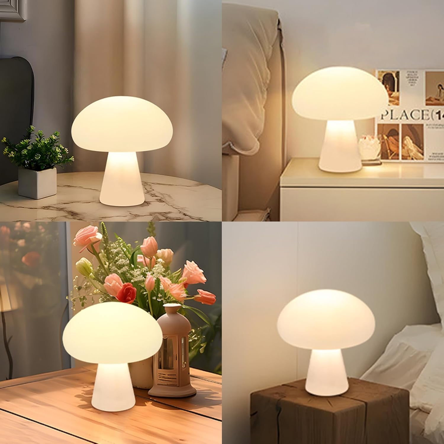 AVEKI Mushroom Lamp, Cordless Mushroom Table Lamp with Touch Sensor, 3 Color Stepless Dimmable Portable USB Charging Bedside Table Lamp for Bedroom Living Room Kids Room (White)