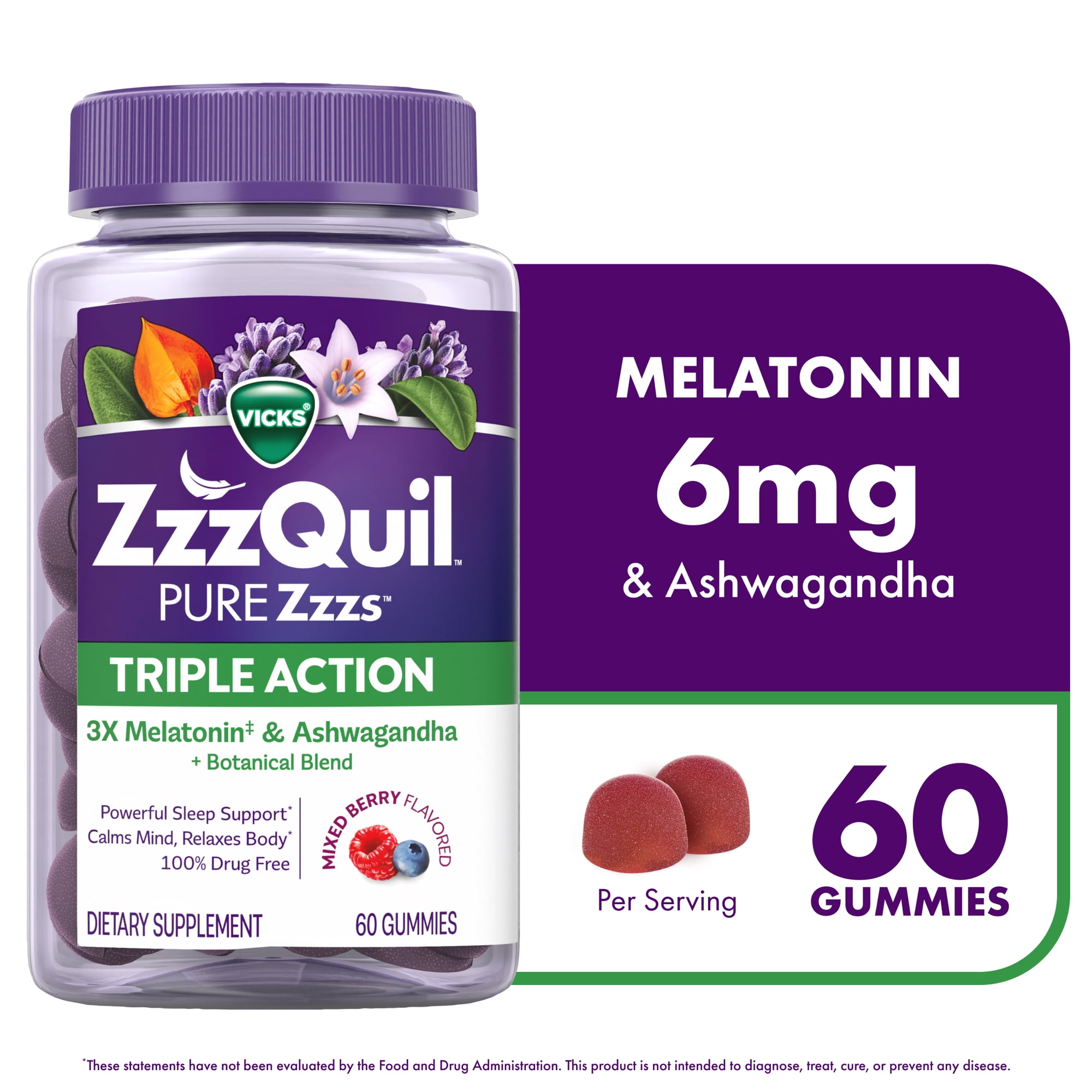 ZzzQuil PURE Zzzs Melatonin Triple Action with Ashwagandha, Melatonin 6mg, 60 Gummies