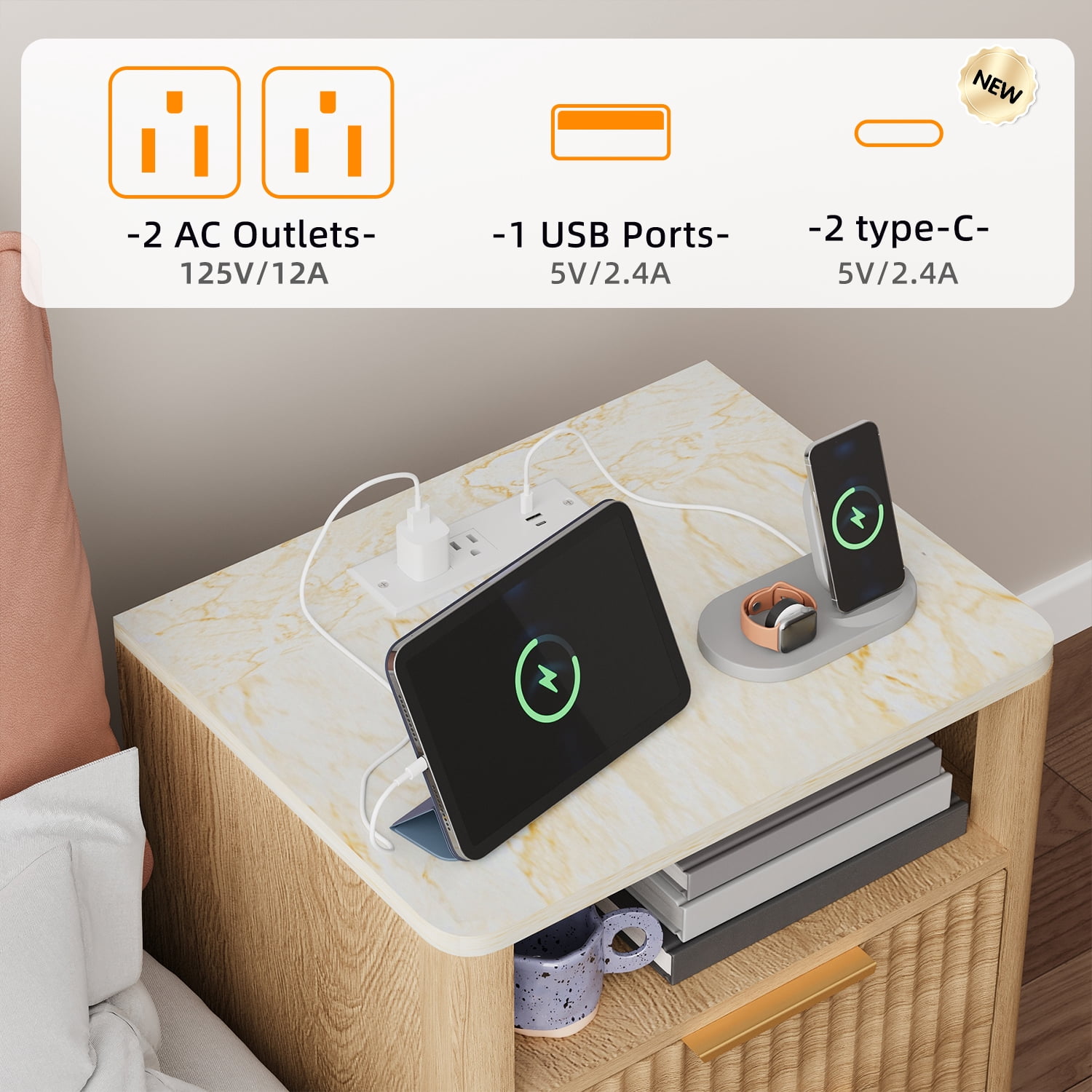 TOMNK Nightstand with Charging Station, 18" Modern Side Table with Faux Marble Top, 2 Drawers End Table w/Storage, Bedside Table for Bedroom, Living Room, Curved Profile Design, Natural Oak