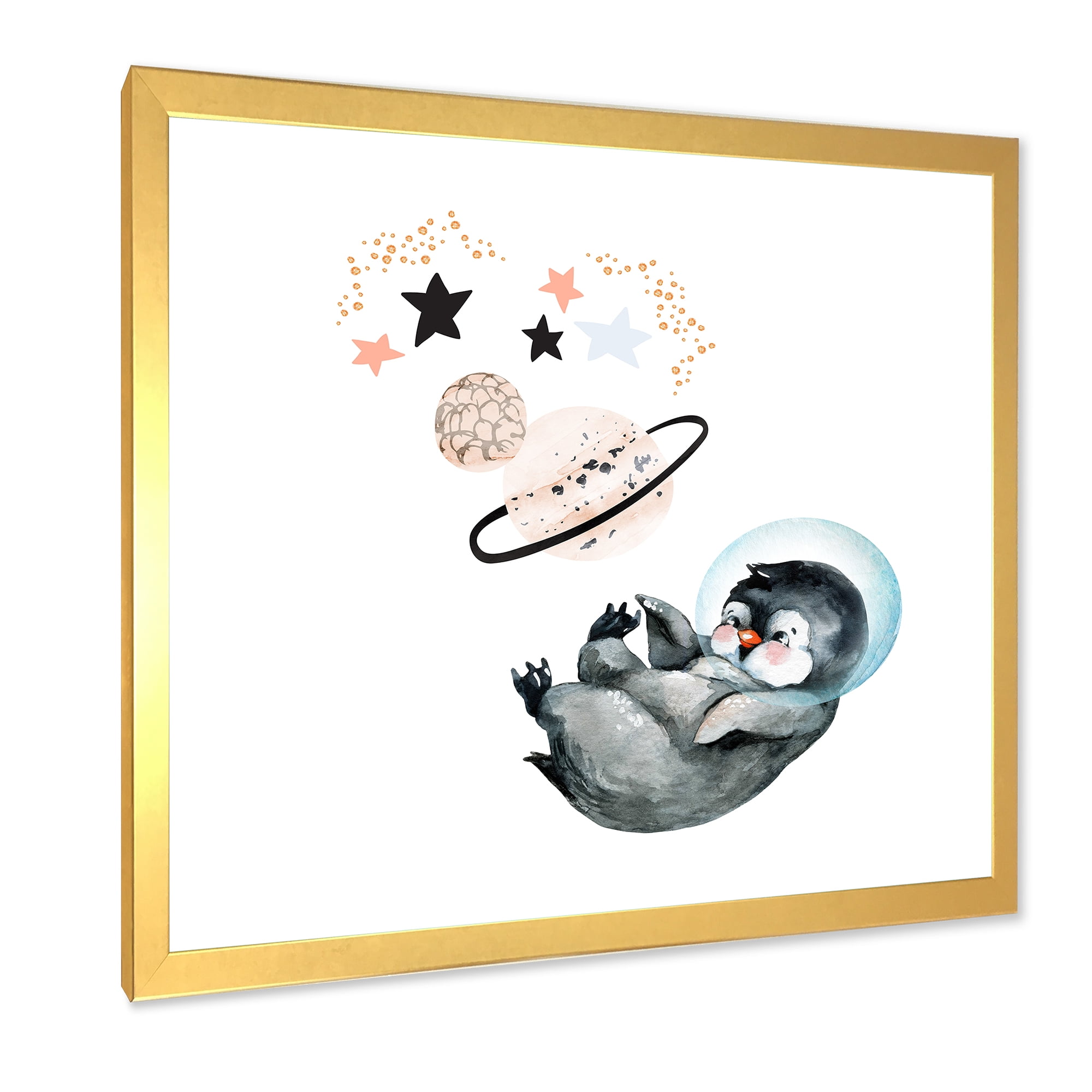 Designart 'Little Penguin With Planets and Stars I' Farmhouse Framed Art Print