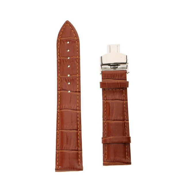 Leather Watch Band Butterfly Deployment Clasp Mens Watch Strap Buckle Brown 22mm