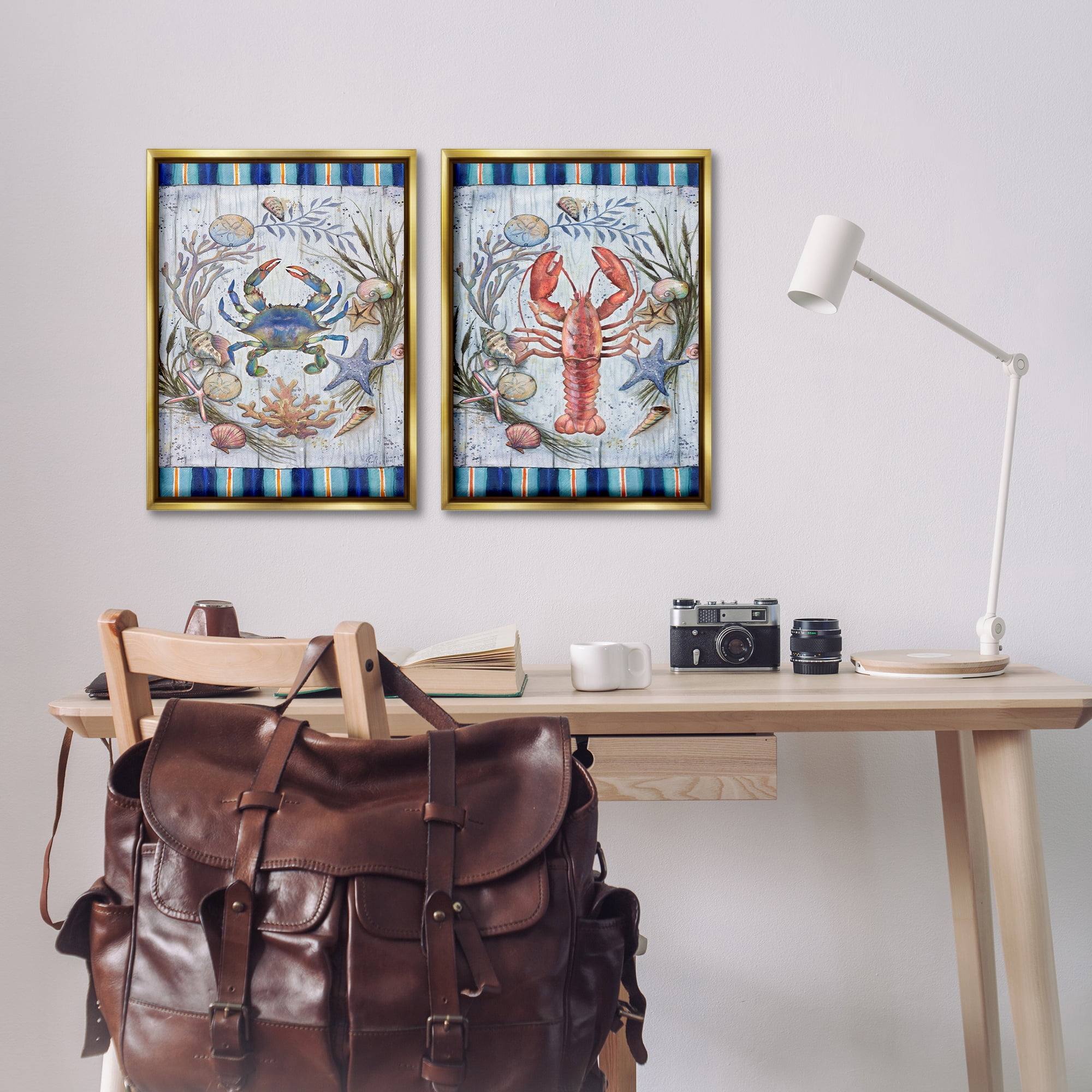 Stupell Industries Coastal Sea Life Stripes Nautical & Beach Painting Gold Floater Framed Canvas Art Print Wall Art, 17 x 25, Set of 2