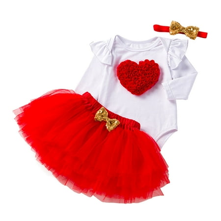 

Fsqjgq Autumn Baby Girl Clothes Toddler Girls Valentine s Day Fly Sleeve Flowers Romper Bow Tie Net Yarn Short Skirts Kids Headbands Outfits Autumn Floral Cotton Blend Red 80