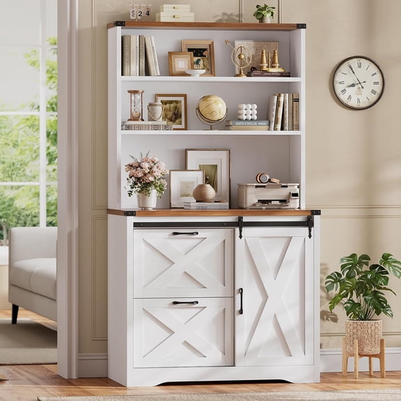 SEDETA 2 Drawer File Cabinet, Farmhouse Filing Cabinet for Home Office fits Legal/Letter/A4 File, Office File Cabinets with Printer Stand, Sliding Door and Storage Bookshelf, White Brown
