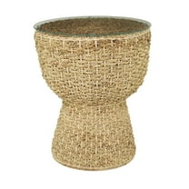 DecMode 20" x 24" Brown Seagrass Handmade Woven Accent Table with Glass Top, 1-Piece