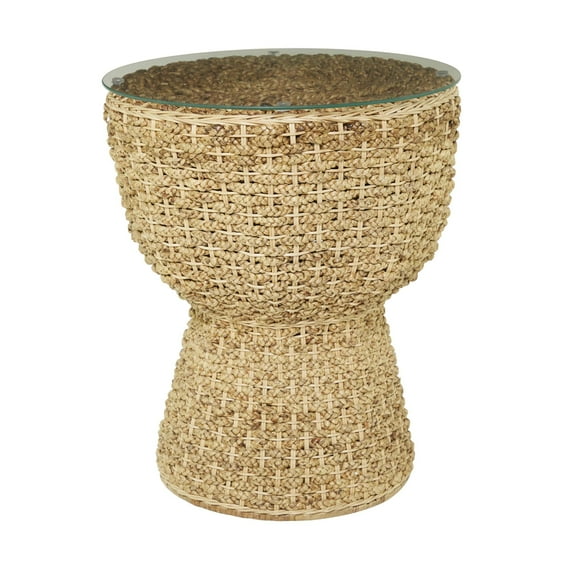 DecMode 20" x 24" Brown Seagrass Handmade Woven Accent Table with Glass Top, 1-Piece