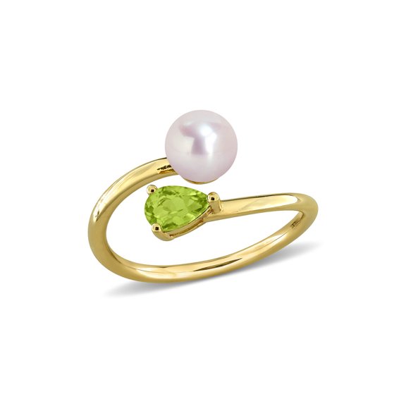 2/5 Carat (Ctw) Green Peridot and Freshwater Cultured Pearl Ring Yellow Sterling Silver for Women