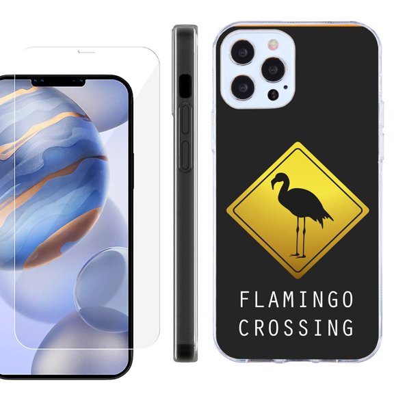 Slim Fit Protective Phone Case for Apple iPhone 12 / iPhone 12 Pro, with Tempered Glass Screen Protector, by OneToughShield ® - Flamingo