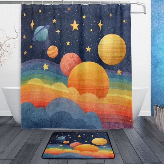 TTYFWHD 60" x 72" Shower Curtain and Bath Mat Set Whimsical Space Cute Art Waterproof Bathroom Curtain with 12 Hooks, Bathroom Decor Set