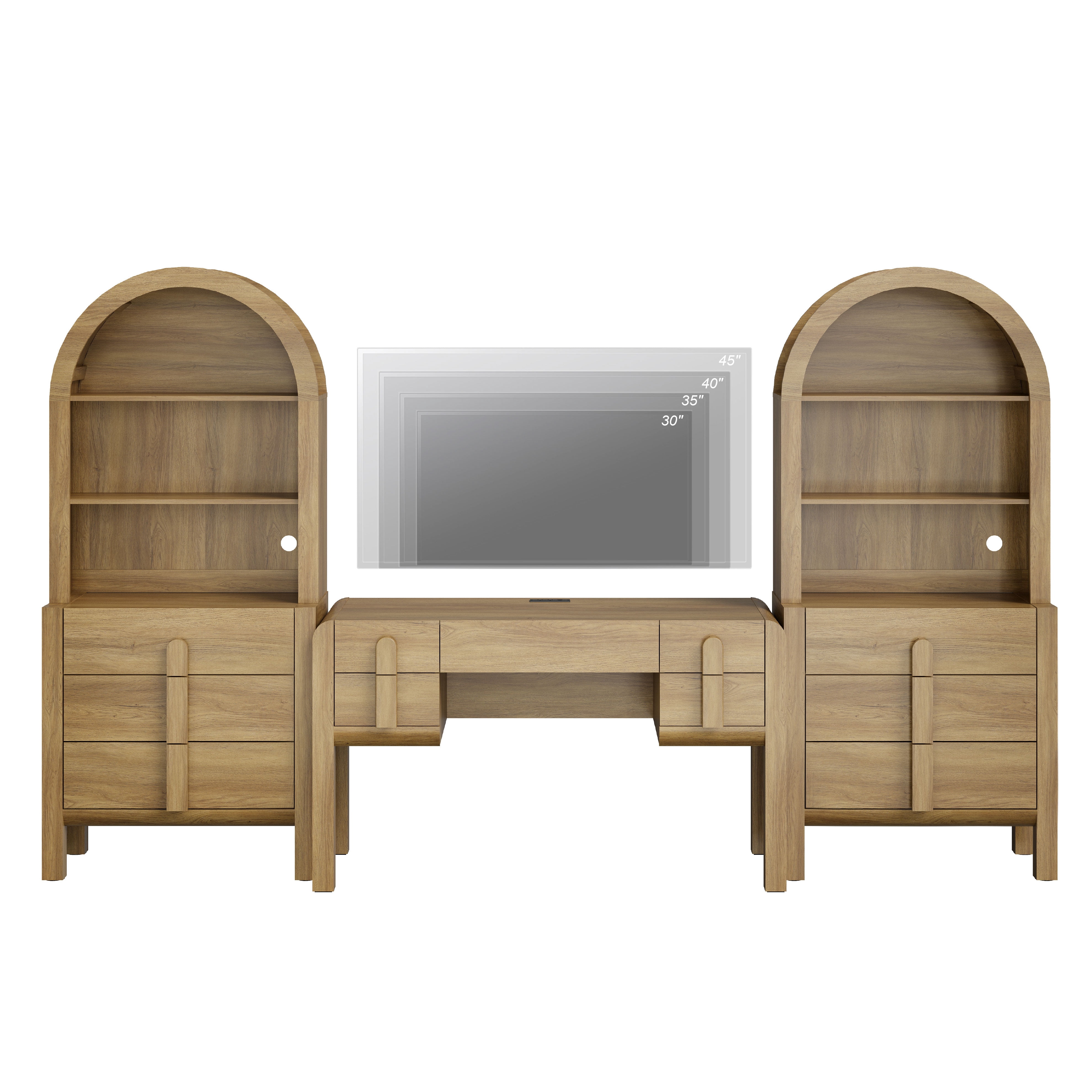 Home Office Set, 53.5" Modern Executive Desk with Charging Station and Drawers & 2 Piece 71"H Tall 3-Tier Arched Bookcases with Open Storage for Living Room, Bedroom, Home Office