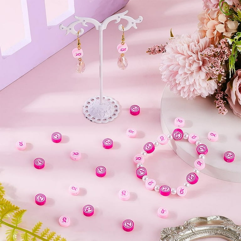 Box 200Pcs Pink Ribbon Beads Flat Round Polymer Clay Beads Bulk