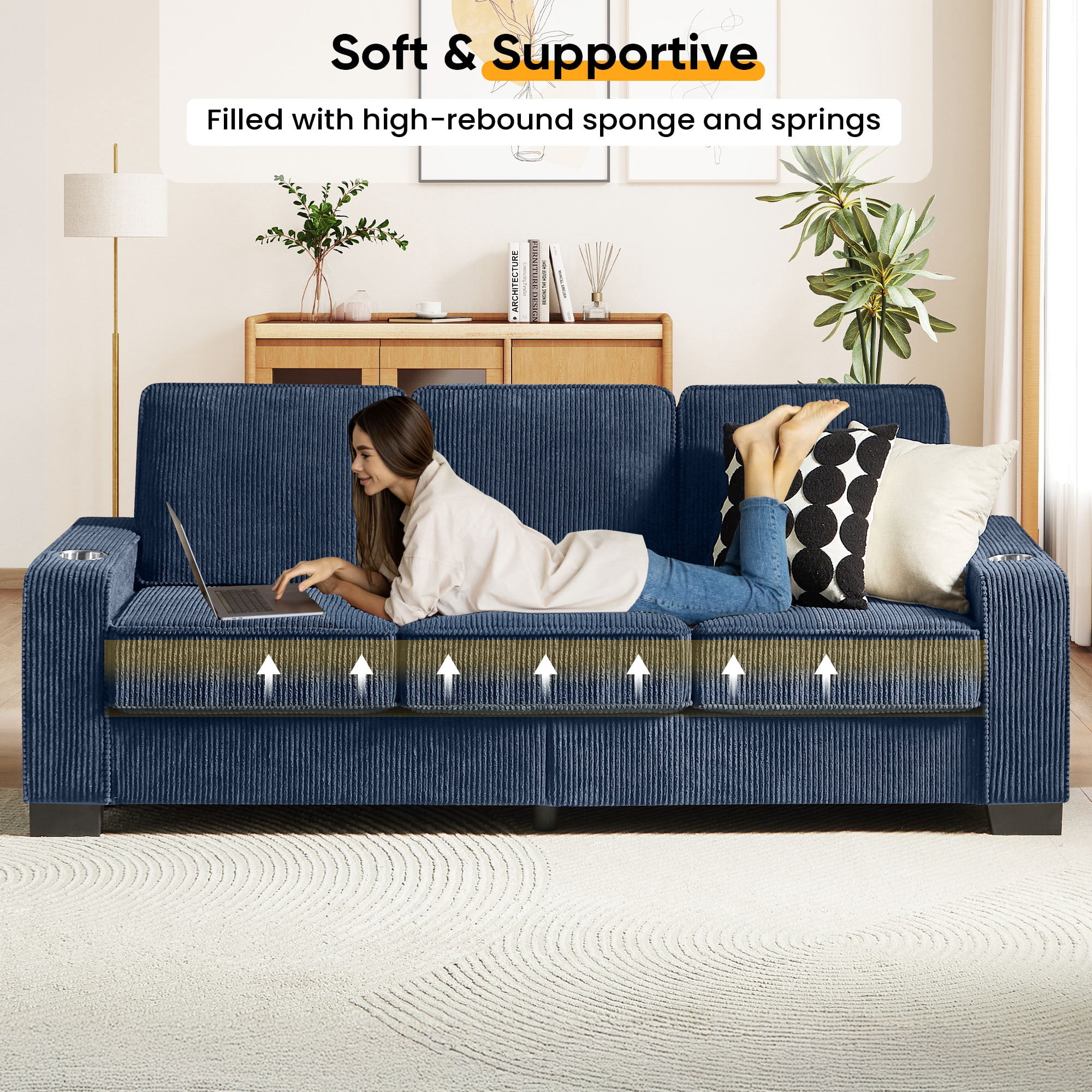 Lunale 83" Corduroy Sofa with Cup Holders, Modern 3-Seater Couch for Living Room, Apt., Blue